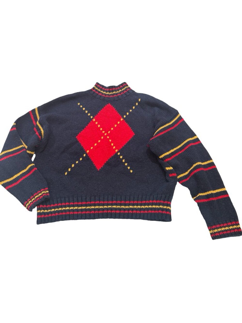Lizwear Navy Red Gold Striped Argyle Mock Neck Sweater Colorblock Large Women's